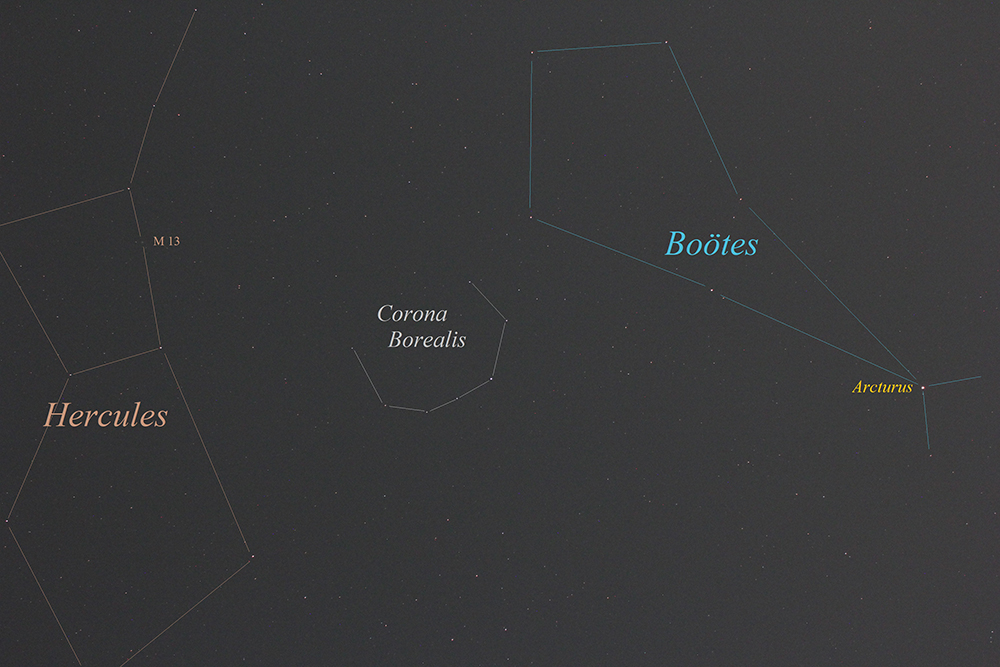 A labelled view of the constellations near Corona Borealis.